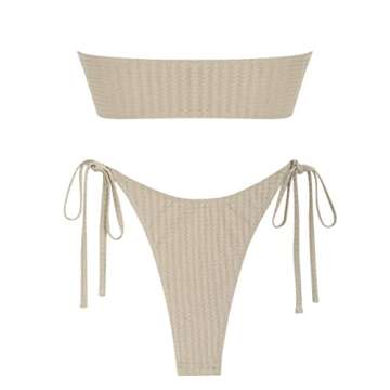 ZAFUL Womens Bandeau Bikinis Textured Strapless Bikini Set Metal Hardware Ring Tie Side Textured Swi...