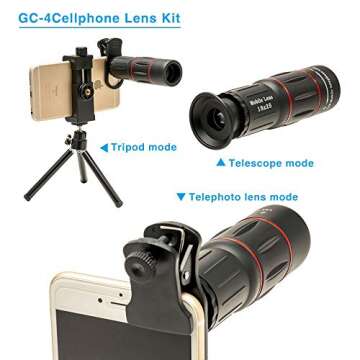Cell Phone Camera Lenses Kit, 4 in 1 18X Telescopic Zoom Lens/4K HD Super Wide Angle/Macro/Fisheye Lens/Tripod/Camera Shutter Compatible with iPhone 12 11 Xs Max 8 7 6 Plus, Samsung Moto and More