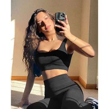 QINSEN Workout Leggings for Women High Waist,Seamless Workout Padded Bra 2 Piece Outfits Set Black M