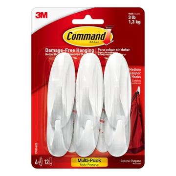 Command Medium Designer Hooks, Hold Up to 3 lb, 6 Hooks with 12 Command Strips, White, Damage-Free H...