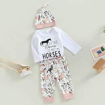 DNOMAID YZARC Western Baby Boy Girl Outfits Letters Print Long Sleeve Romper Bodysuit Cow Print Pants Hat 3Pcs Clothes Set (Pink Horse, 0-3 Months)