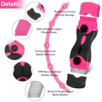 THINKWORK Razor Blade Scraper - Pink Razor Scraper Gift for Women, 2-in-1 Scraper Tool Set with 20Pcs Razor Blades for Removing Window Labels, Decals, Stickers, Glass Stove Top (2 Pack)