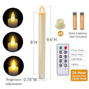 Bighfue LED Flameless Candle, 3D Flickering Taper Battery Operated Candle with Remote Control 10-Key Button, Real Wax 6-Pack for Mantel Christmas Wedding Gift Decoration (Ivory, 0.78 W''9.6 H'')