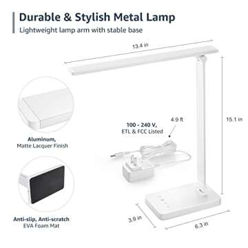 Lepro LED Desk Lamp with USB Charging Port Dimmable Home Office Touch Control Reading Table Lamp,3 Color Modes with 5 Brightness Level, School Dorm Room Essentials, Task Lamp, Sewing, Crafting, White