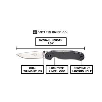 Ontario Knife Company Rat II, Satin AUS-8 Stainless Steel Drop-Point Blade Folding Pocket Knife, Black Nylon Handle Liner Lock Knife, Everyday Carry Knife – ON8860