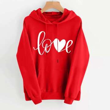 Valentines Hoodies for Women Love Heart Cute Graphic Valentines Day Sweatshirts Long Sleeve Hooded H...