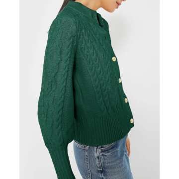 YEXPINE Women's Cardigan Sweater Button Down Long Sleeve Fall Jacket Short Chunky Knit Outerwear Coats Trendy Casual Outfits Green