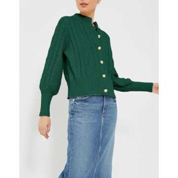 YEXPINE Women's Cardigan Sweater Button Down Long Sleeve Fall Jacket Short Chunky Knit Outerwear Coats Trendy Casual Outfits Green