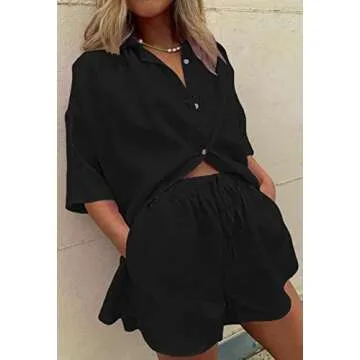 Fixmatti Two Piece Outfits for Women Short Sleeve Collar Button Shirt Top Loose Shorts Set Casual Tracksuit Streetwear Black L