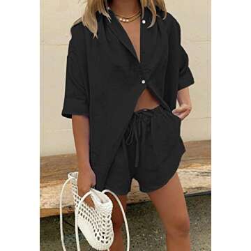 Fixmatti Two Piece Outfits for Women Short Sleeve Collar Button Shirt Top Loose Shorts Set Casual Tracksuit Streetwear Black L