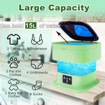 Portable 15L Mini Washing Machine - Compact Collapsible Washer for All Uses (Pure Green)