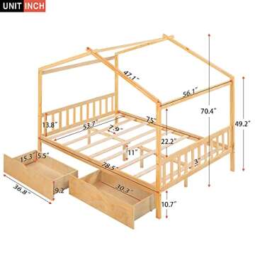 Full Bed Frame with Headboard and Footboard, Low House Bed/Full Bed Frame with Storage Drawer, Wood Bed Frame for Kids, Girls, Boys, Teens, Full Bed Frame Natural