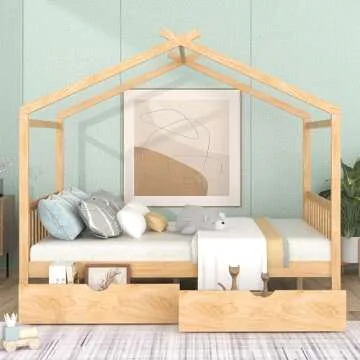 Full Bed Frame with Headboard and Footboard, Low House Bed/Full Bed Frame with Storage Drawer, Wood Bed Frame for Kids, Girls, Boys, Teens, Full Bed Frame Natural