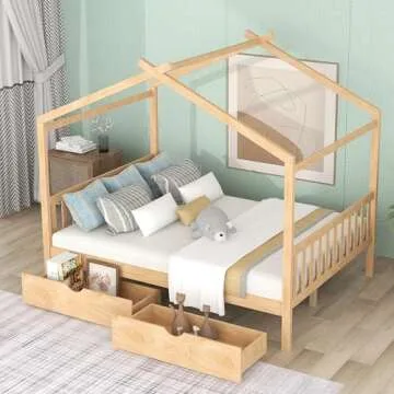 Full Bed Frame with Headboard and Footboard, Low House Bed/Full Bed Frame with Storage Drawer, Wood Bed Frame for Kids, Girls, Boys, Teens, Full Bed Frame Natural