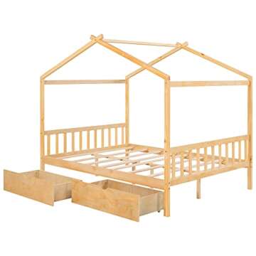 Full Bed Frame with Headboard and Footboard, Low House Bed/Full Bed Frame with Storage Drawer, Wood Bed Frame for Kids, Girls, Boys, Teens, Full Bed Frame Natural