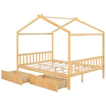 Full Bed Frame with Headboard and Footboard, Low House Bed/Full Bed Frame with Storage Drawer, Wood Bed Frame for Kids, Girls, Boys, Teens, Full Bed Frame Natural