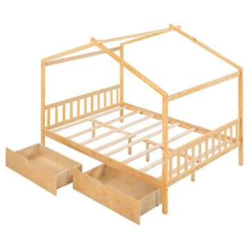 Full Bed Frame with Headboard and Footboard, Low House Bed/Full Bed Frame with Storage Drawer, Wood Bed Frame for Kids, Girls, Boys, Teens, Full Bed Frame Natural