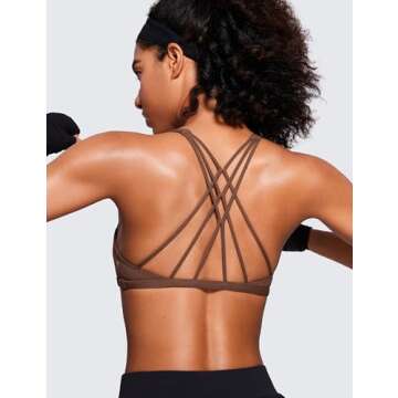 CRZ YOGA Womens Strappy Sports Bra - Criss Cross Back Padded Medium Support Wireless Gym Cami Workout Yoga Coffee Brown Large