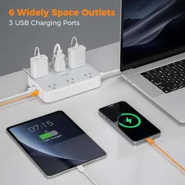 Power Strip Surge Protector Flat Plug, TESSAN 15 FT Extension Cord with Multiple Outlets, 1080J Protection, 6 AC Outlets 3 USB Ports (1 USB C), Wall Mount for Home Office School Dorm Room Supplies