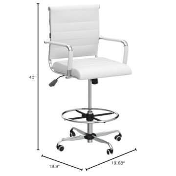 New Drafting Chair - Ergonomic Mid Back Ribbed Leather Office Chair Drafting Chair Adjustable Height Desk Chair for Presenter with Armrest Lumbar Support Bar Chair (White)