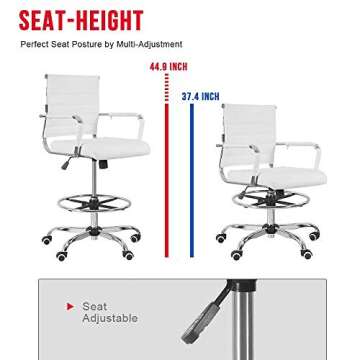 New Drafting Chair - Ergonomic Mid Back Ribbed Leather Office Chair Drafting Chair Adjustable Height Desk Chair for Presenter with Armrest Lumbar Support Bar Chair (White)