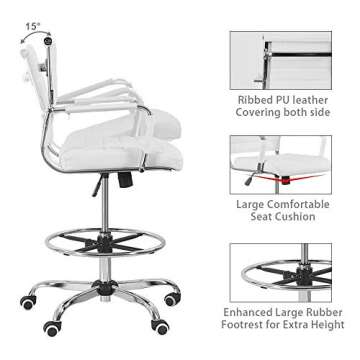 New Drafting Chair - Ergonomic Mid Back Ribbed Leather Office Chair Drafting Chair Adjustable Height Desk Chair for Presenter with Armrest Lumbar Support Bar Chair (White)