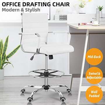 New Drafting Chair - Ergonomic Mid Back Ribbed Leather Office Chair Drafting Chair Adjustable Height Desk Chair for Presenter with Armrest Lumbar Support Bar Chair (White)