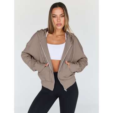 Trendy Queen Hoodies for Women Full Zip Up Cropped Sweatshirts Jackets Casual Comfy Gym Tops Fall Ou...