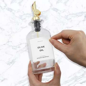 Spaceneat Olive Oil Dispenser Bottle - Includes 55 Kitchen Essential Labels - Cooking Oil Bottles for Kitchen, Coffee Syrup Dispenser - Pourer Spout with 11.8 fl oz Glass Container Cruet - 2pcs, Gold