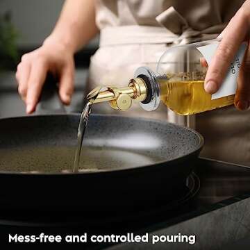 Spaceneat Olive Oil Dispenser Bottle - Includes 55 Kitchen Essential Labels - Cooking Oil Bottles for Kitchen, Coffee Syrup Dispenser - Pourer Spout with 11.8 fl oz Glass Container Cruet - 2pcs, Gold