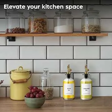 Spaceneat Olive Oil Dispenser Bottle - Includes 55 Kitchen Essential Labels - Cooking Oil Bottles for Kitchen, Coffee Syrup Dispenser - Pourer Spout with 11.8 fl oz Glass Container Cruet - 2pcs, Gold