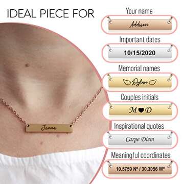 Personalized bar necklace for women, custom engraved stainless steel name plate necklace gift gold, ...