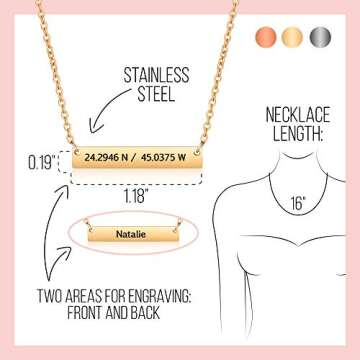 Personalized bar necklace for women, custom engraved stainless steel name plate necklace gift gold, silver and rose gold for mothers day, coordinates, dates, roman numeral, friendship, christmas
