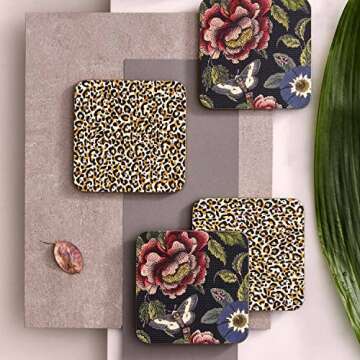 Pimpernel Creatures of Curiosity Coasters, Set of 4, Absorbent Felt Protects Furniture, Table, & Desk, 4x4 Inch, Tea and Coffee Square Coasters Set for Kitchen, Housewarming Gift or Home Decor
