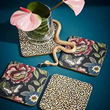 Pimpernel Creatures of Curiosity Coasters, Set of 4, Absorbent Felt Protects Furniture, Table, & Desk, 4x4 Inch, Tea and Coffee Square Coasters Set for Kitchen, Housewarming Gift or Home Decor