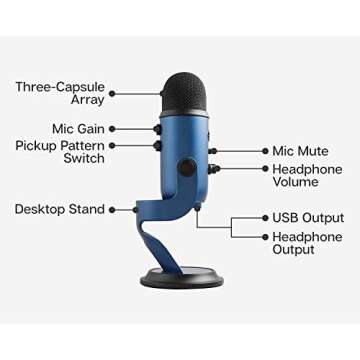 Newest Blue Yeti USB Microphone with 4 Pickup Patterns, 3 Condenser Capsules, Mic Gain Control, Adjustable Stand for Gaming, Streaming, Podcasting on PC/Mac, Midnight Blue with GalliumPi Accessories