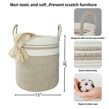 XUANGUO Cotton Rope Laundry Basket Hamper for Clothes Woven Storage Basket for Living Room Bedroom B...