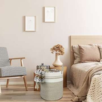 XUANGUO Cotton Rope Laundry Basket Hamper for Clothes Woven Storage Basket for Living Room Bedroom Boho Tall Rope Baskets for Blanket Toys Pillow Towels Baby Nursery Hamper Bin Large brown and white