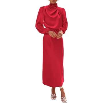 BTFBM Women's Mock Neck Satin Dress Elegant Long Sleeve Elastic High Waist Formal Wedding Cocktail P...