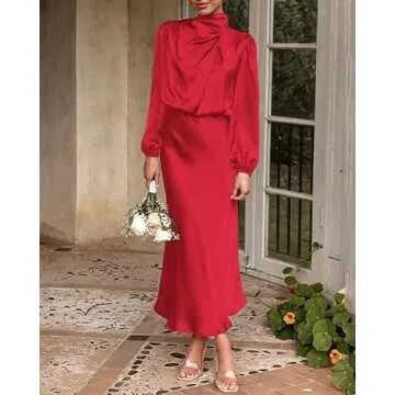 BTFBM Elegant Mock Neck Satin Dress for Women