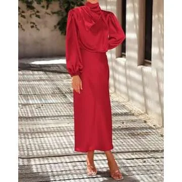 BTFBM Elegant Mock Neck Satin Dress for Women