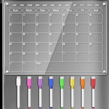 OORAII Magnetic Acrylic Calendar for Fridge Refrigerator Monthly Dry Erase Board w/ 8 Markers & Magn...