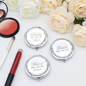 Pack of 10 Compact Pocket Makeup Mirrors Set Include 1 Bride Mirror 1 Maid of Honor Mirror And 8 Bridesmaid Mirrors And 10 Pack Hair Ties for Bachelorette Party Bridesmaid Proposal Gifts.(Silver)