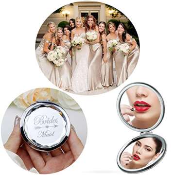 Pack of 10 Compact Pocket Makeup Mirrors Set Include 1 Bride Mirror 1 Maid of Honor Mirror And 8 Bridesmaid Mirrors And 10 Pack Hair Ties for Bachelorette Party Bridesmaid Proposal Gifts.(Silver)