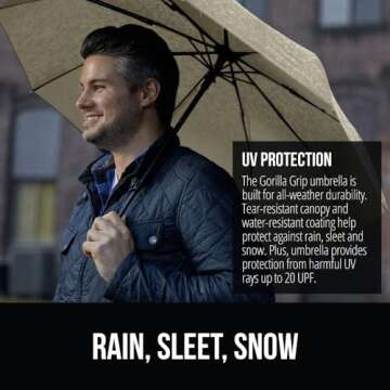 Gorilla Grip Windproof Compact Stick Umbrella for Rain, One-Click Automatic Open and Close, Strong Reinforced Fiberglass Ribs, Easily Collapsible, Lightweight Portable Umbrellas for Travel, Beige