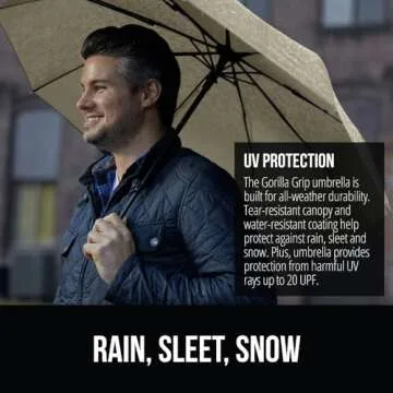 Gorilla Grip Windproof Compact Stick Umbrella for Rain, One-Click Automatic Open and Close, Strong Reinforced Fiberglass Ribs, Easily Collapsible, Lightweight Portable Umbrellas for Travel, Beige