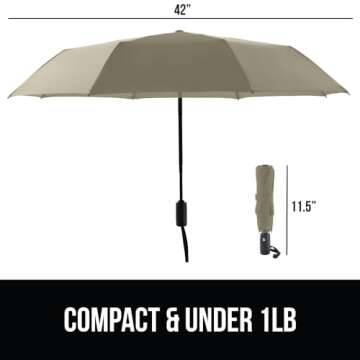 Gorilla Grip Windproof Compact Stick Umbrella for Rain, One-Click Automatic Open and Close, Strong Reinforced Fiberglass Ribs, Easily Collapsible, Lightweight Portable Umbrellas for Travel, Beige