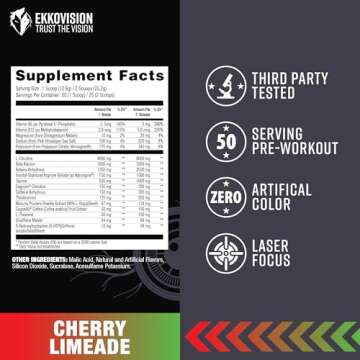Ekko BAX Shots Pre Workout Powder, Tingle Cherry Limeade Flavor, Energy & Focus Blend with L Citrulline, Betaine, Caffeine, Taurine, Sugar Free Preworkout Powder for Fitness & Workout, 50 Srvgs
