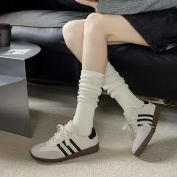 COZYOFFI Womens Slouch Long Socks: 4 Pairs Boot Socks Pairs with Sneakers - Knit Ribbed Fabric