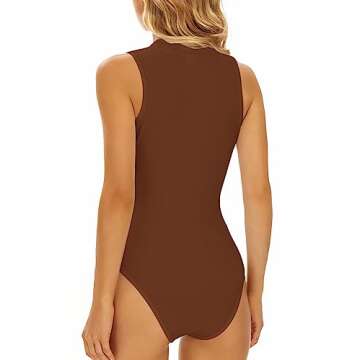 YIJIU Women's Mock Turtle Sleeveless Tank Tops Casual Basic Bodysuit Jumpsuit,Dark Brown,M